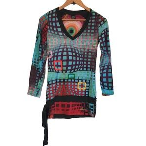 DESIGUAL colourful long sleeve v neck embroidered tunic with tie size Medium